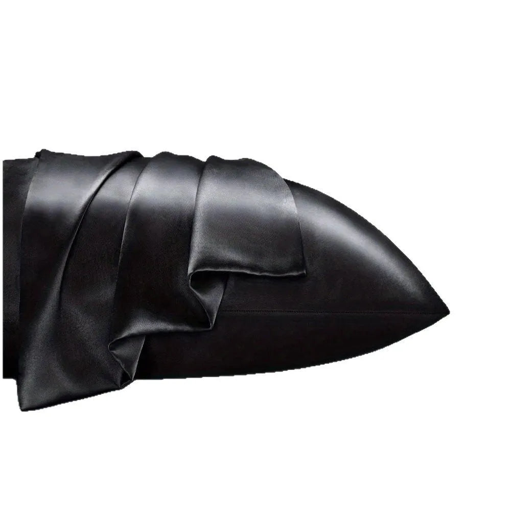 A pair of solid colour satin cloth pillowcases made from polyester chemical fibre, showing available colours and sizes.