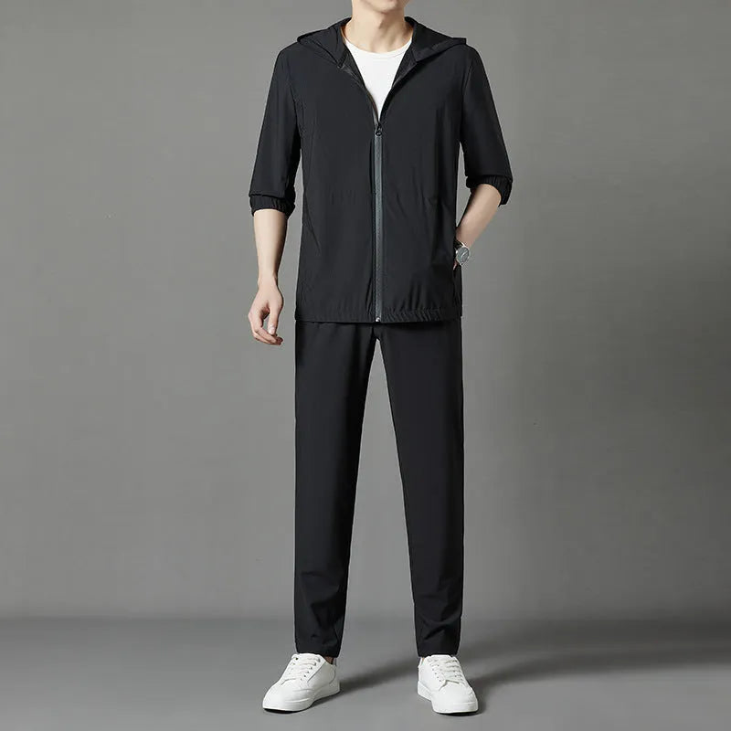 Korean sun-protective hooded suit in gray, loose casual thin nylon blend, summer sports set