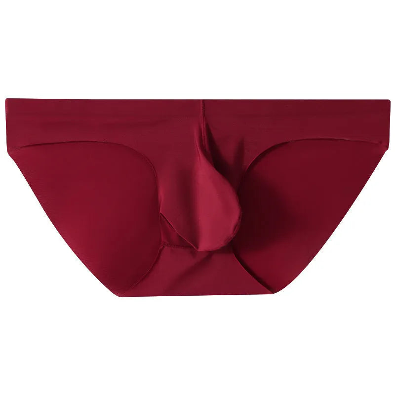 Ice silk men's briefs with seamless construction and built-in bullet separation pocket in multiple colour options