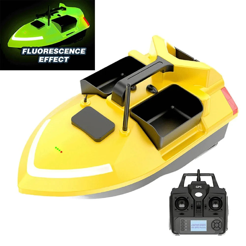 Black remote control GPS fishing boat with antenna and bait container on 49cm hull