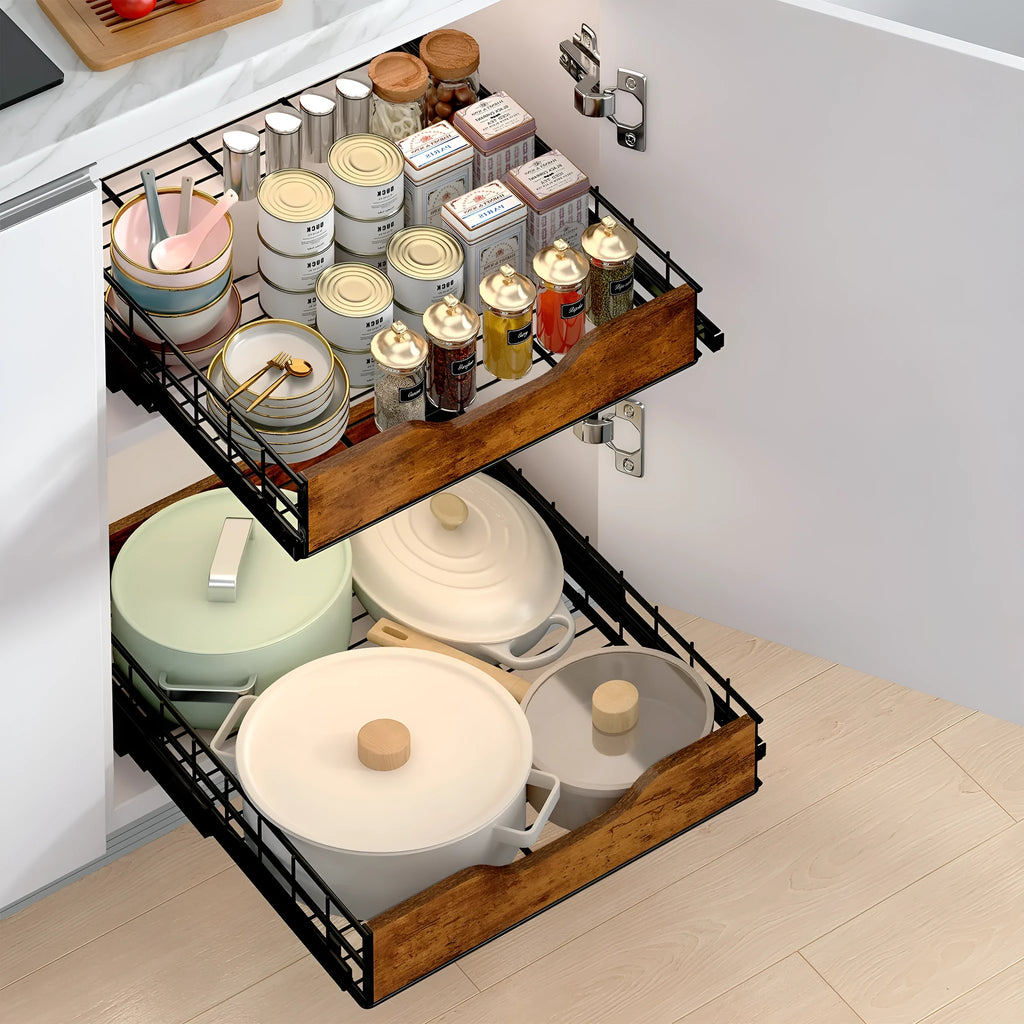 Black household storage rack with wood and iron construction featuring pull basket design