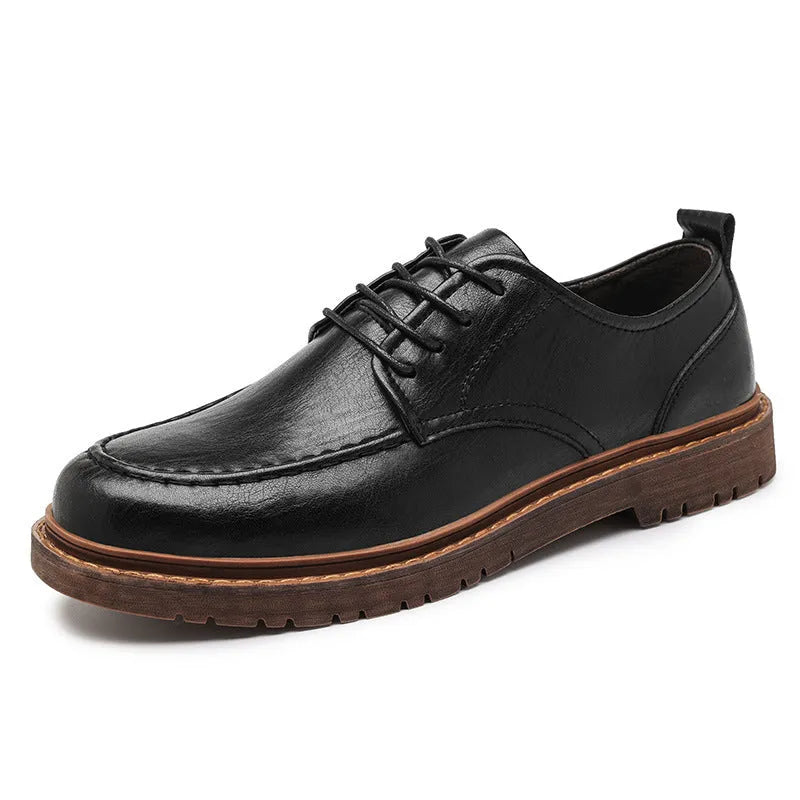 Men's brown casual leather slip-on shoes with round toe and rubber sole