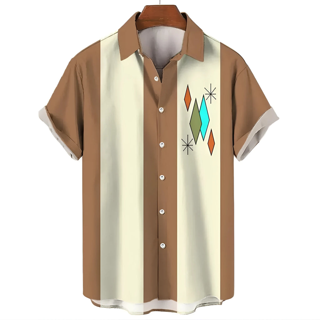 Men's striped Hawaiian casual shirt with button front and short sleeves in elastic band fabric