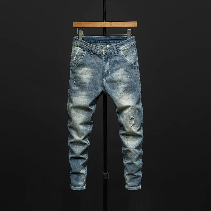 Men's slim-fitting skinny jeans in dark blue and light blue stretch cotton denim.