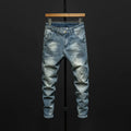 Men's slim-fitting skinny jeans in dark blue and light blue stretch cotton denim.