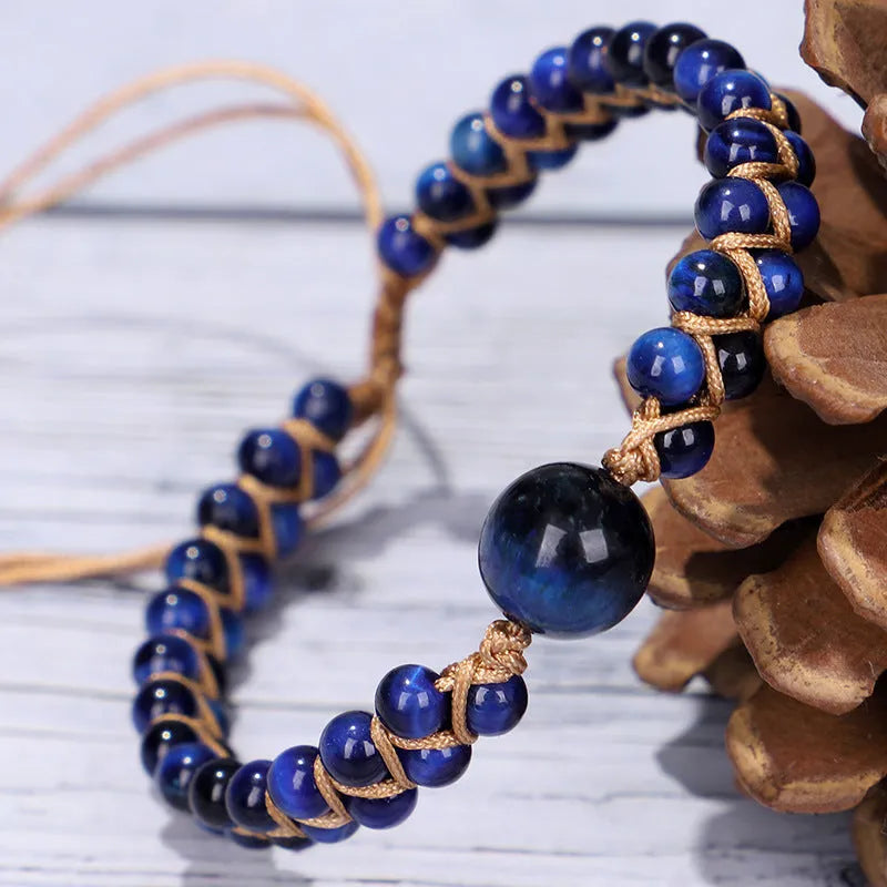 Handmade woven geometric pull bracelet in blue tigereye stone with adjustable cord