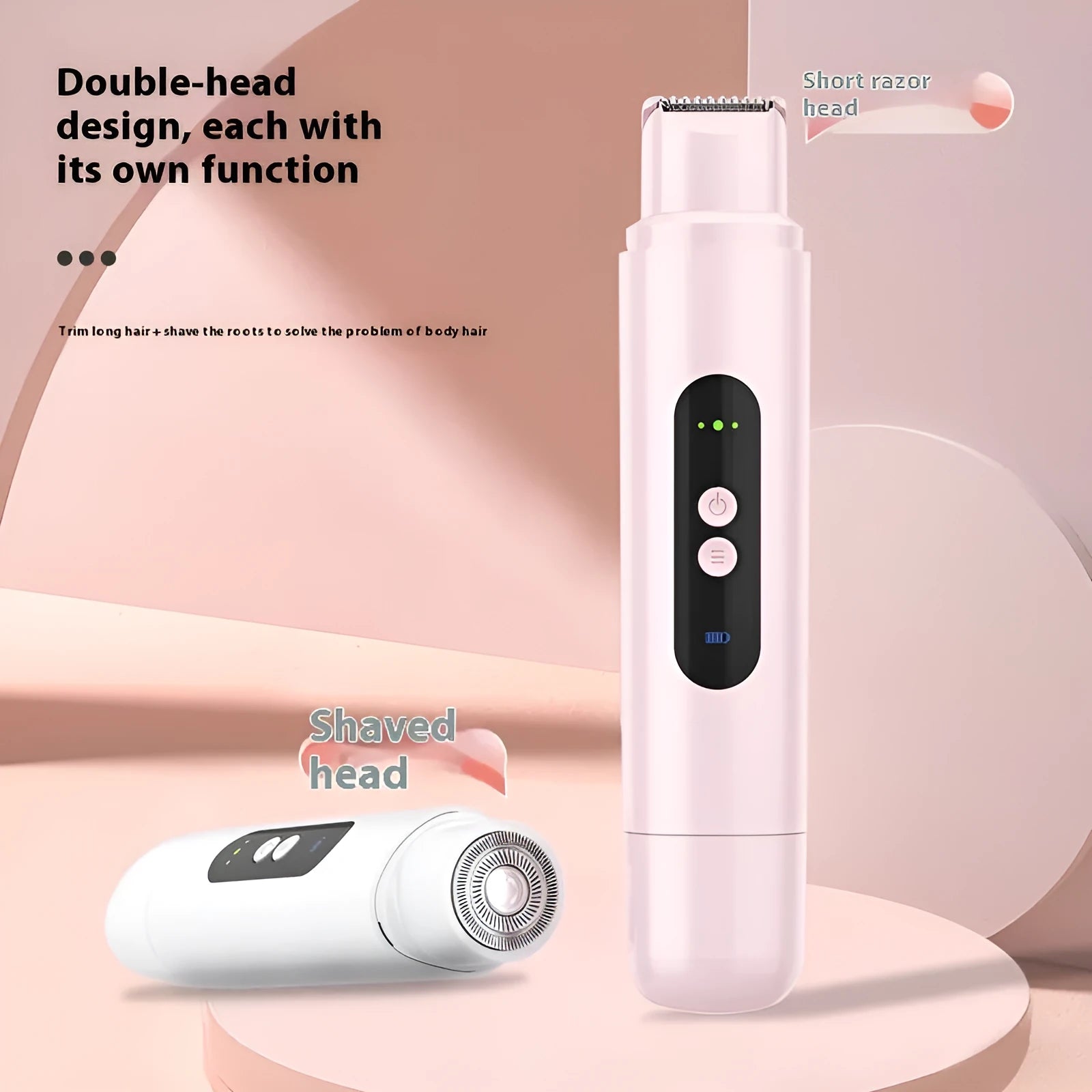 Portable electric hair removal device in white or pink with USB charging cable