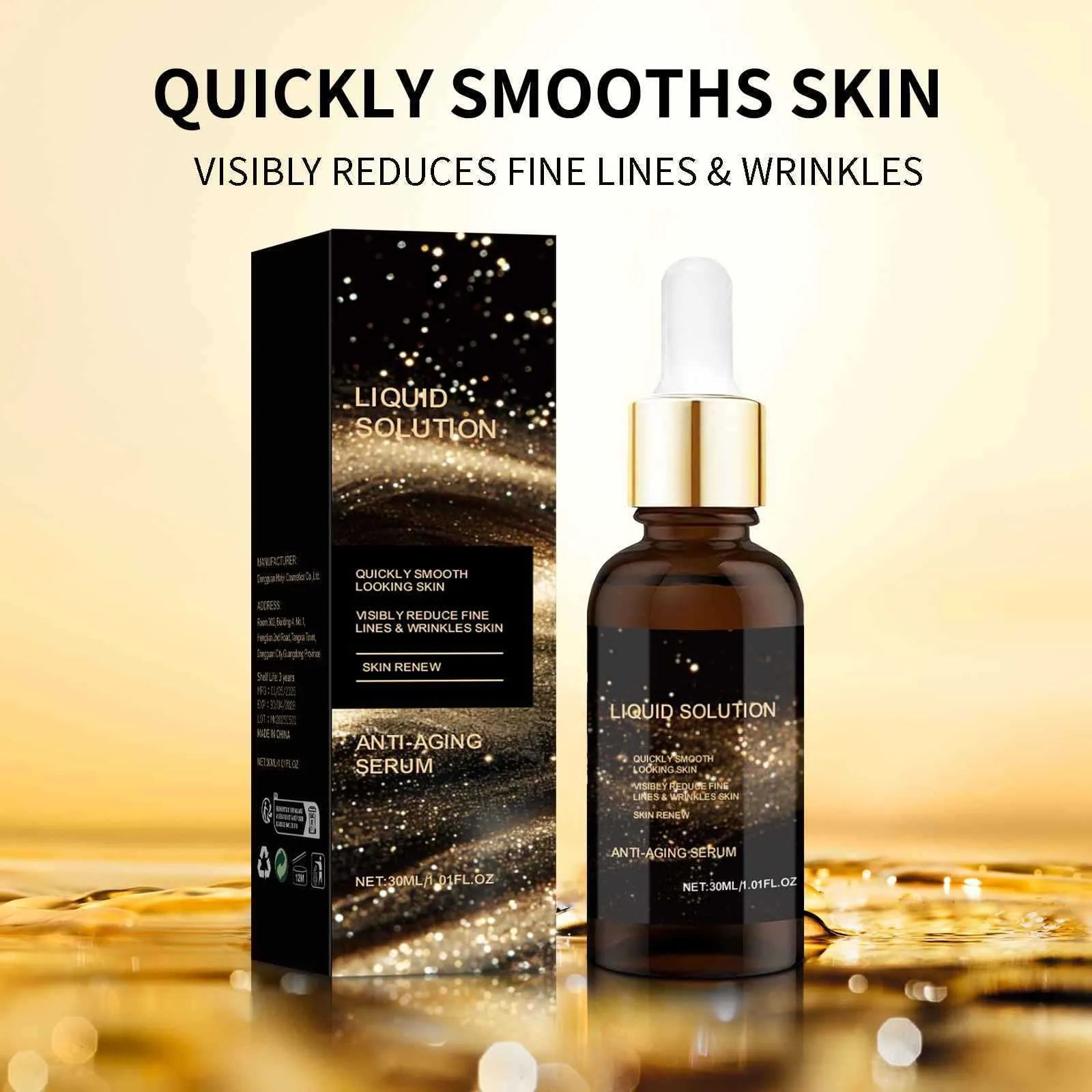 30ml facial moisturising liquid bottle with hyaluronic acid, approximately 9cm tall