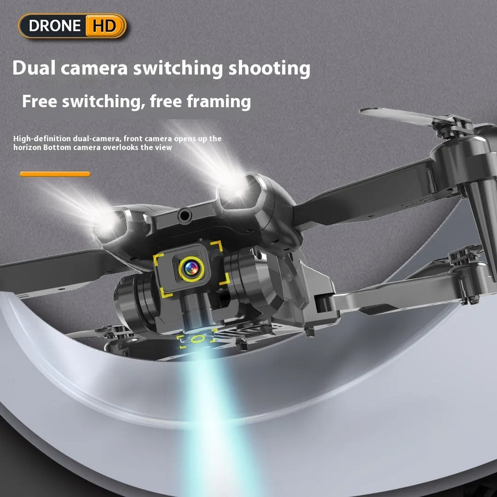 S138 black folding drone with propellers extended, showing its compact size of less than 30cm.