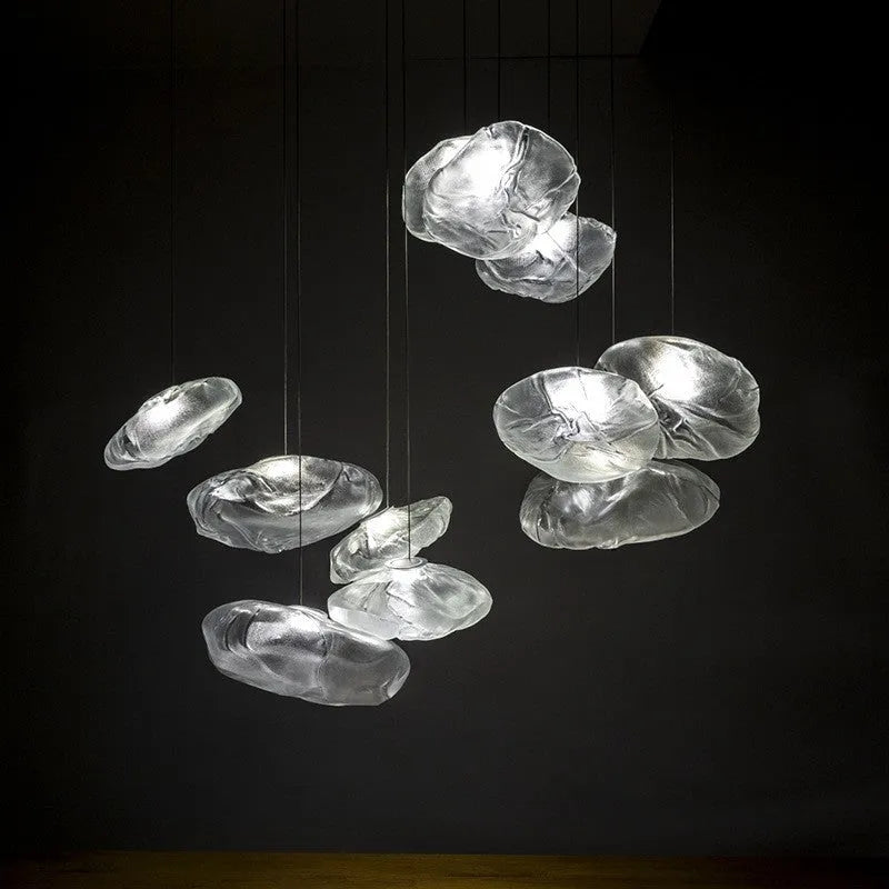 Modern minimalist glass chandelier with LED lighting in amber, clear, or smoke grey colour options