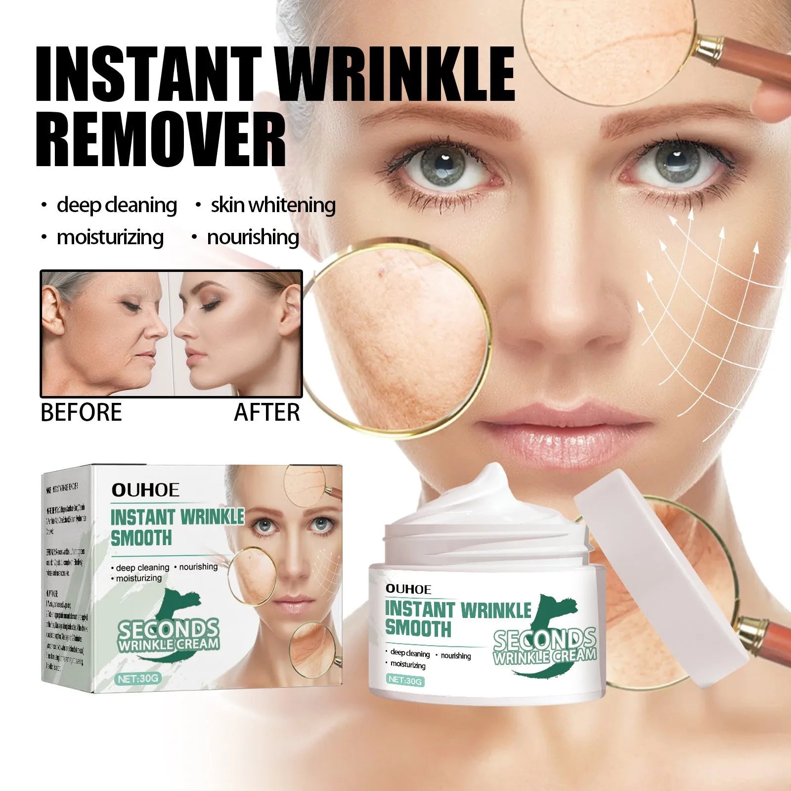 A 30g jar of anti-ageing anti-wrinkle face cream for hydrating and reducing fine lines.