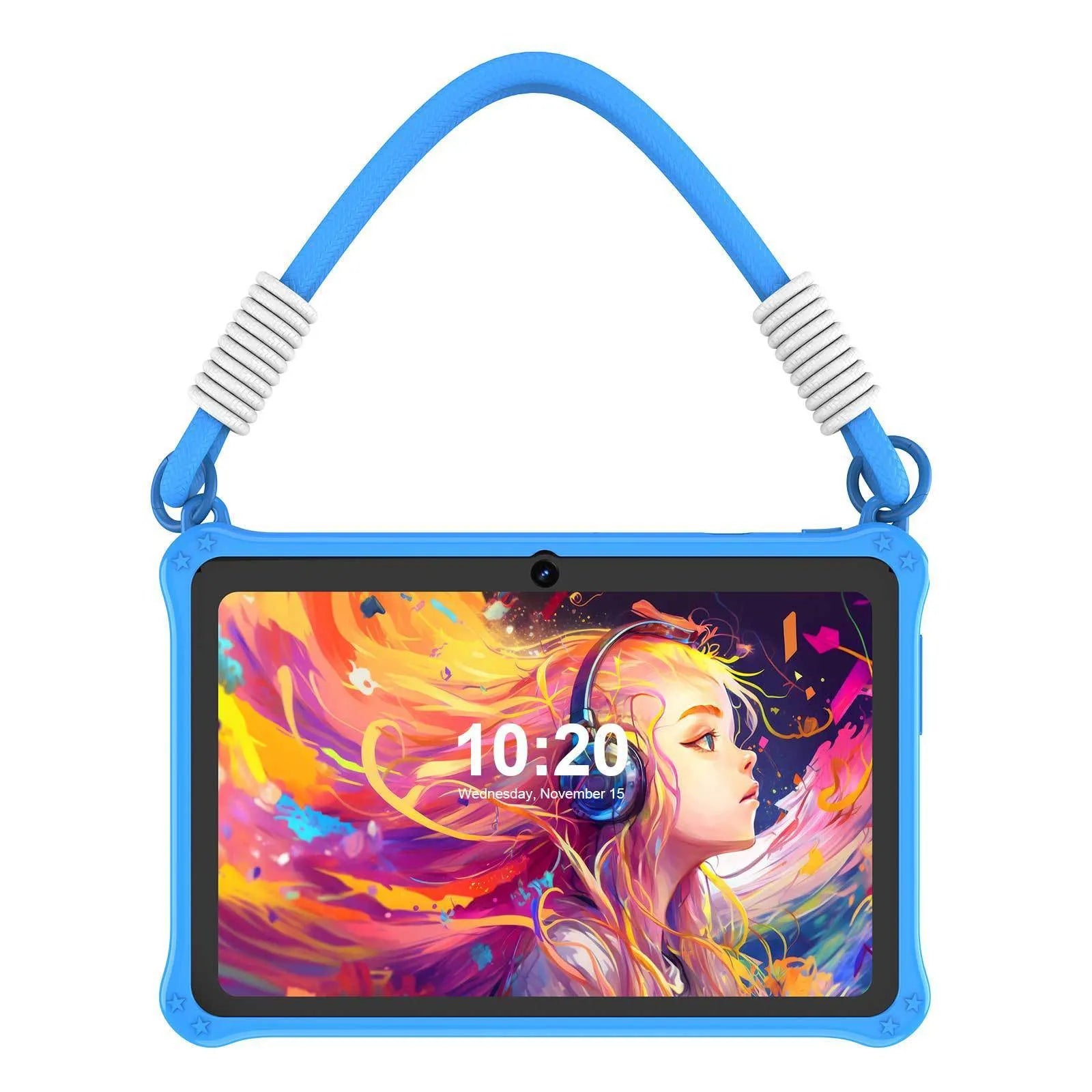 Blue silicone protective case with strap for a 7-inch children's tablet, shown alongside accessories.