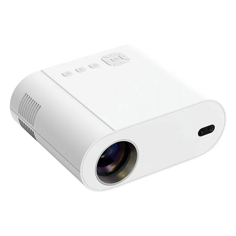 White T07 Full HD smart projector with remote control on a table.