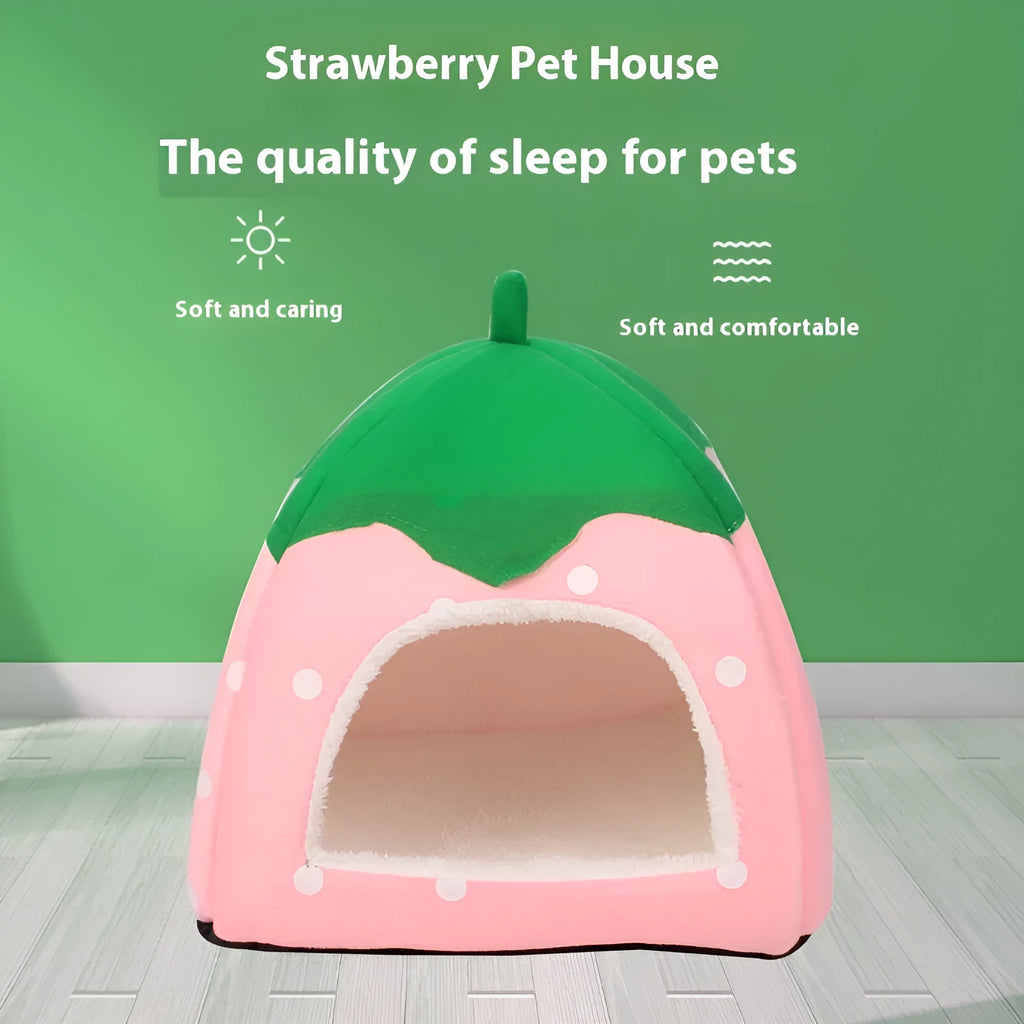 Plush strawberry-shaped pet cat nest in pink, suitable for small dogs and cats