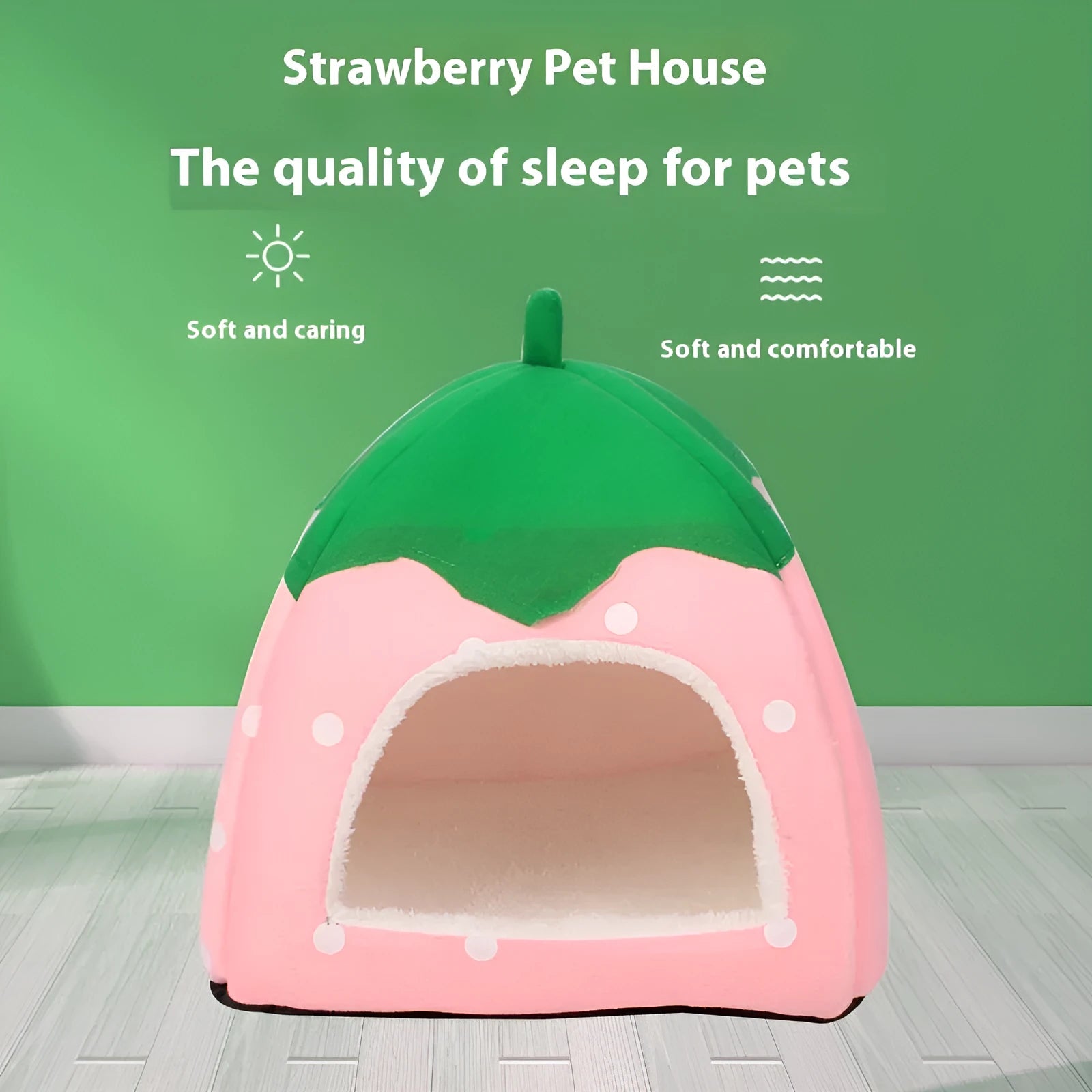 Plush strawberry-shaped pet cat nest in pink, suitable for small dogs and cats