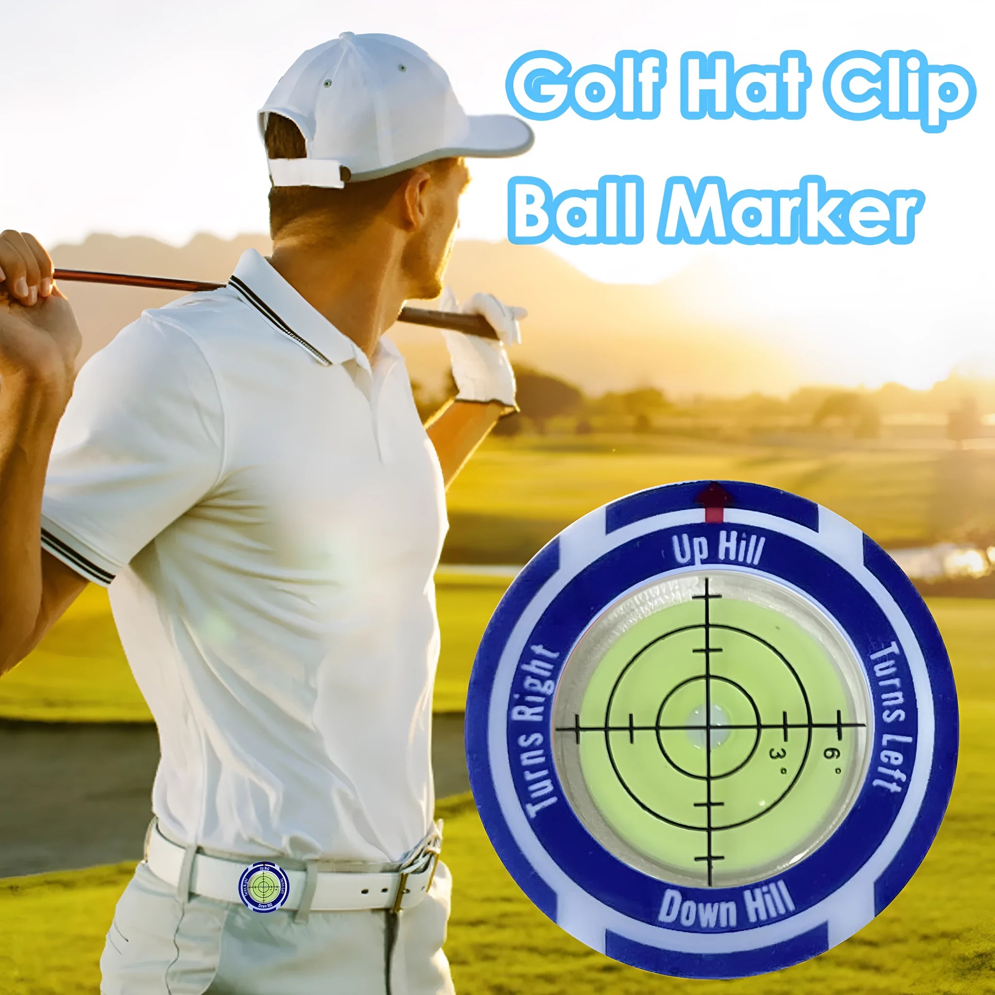 Golf level hat clip accessory with position mark in multiple colour options for distance measurement