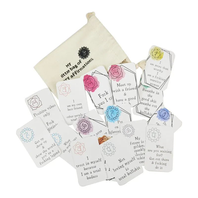 Set of 16 colourful funny affirmation cards with healing messages inside a gift card bag.