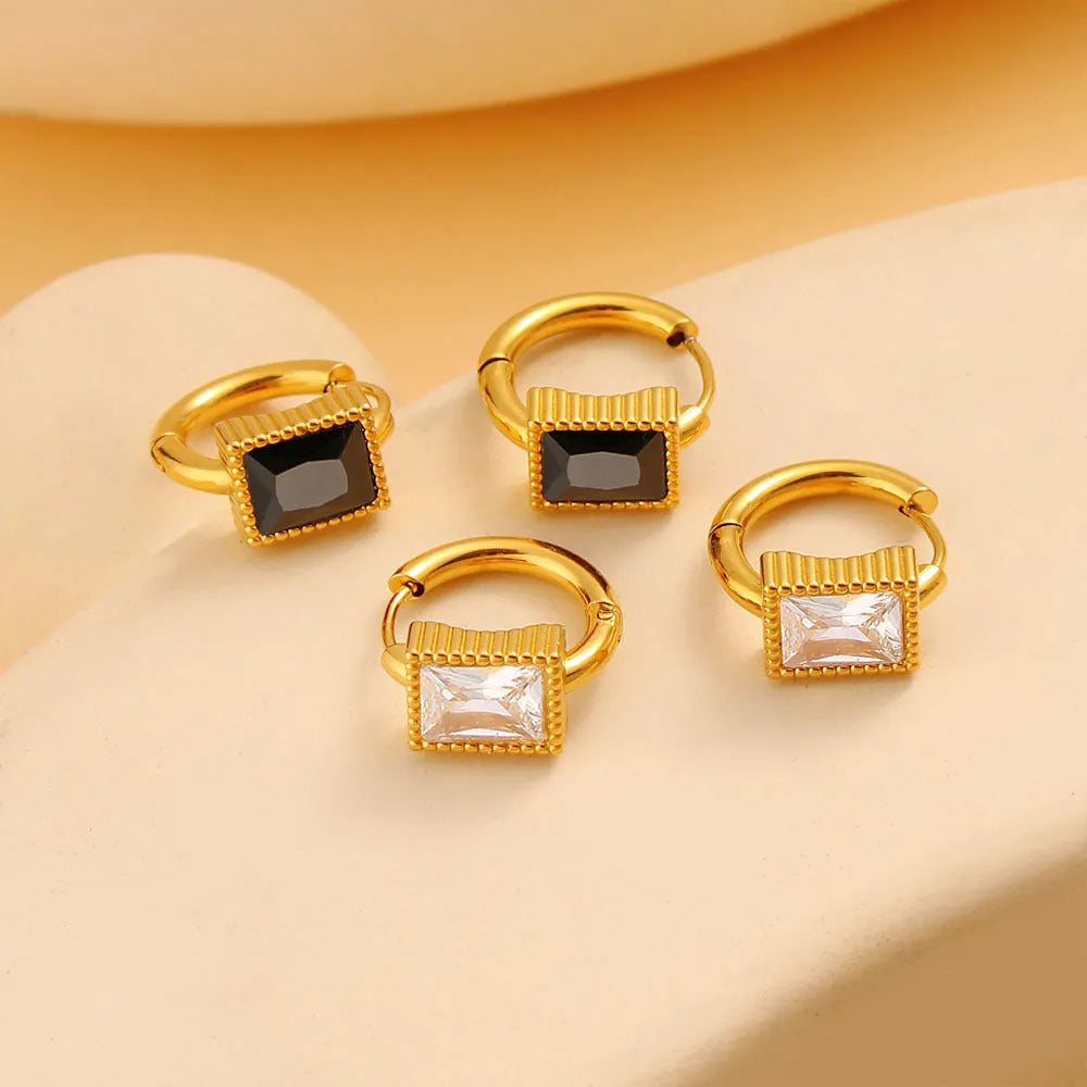 Geometric stainless steel earrings with square zircon detailing in white, black or green colours