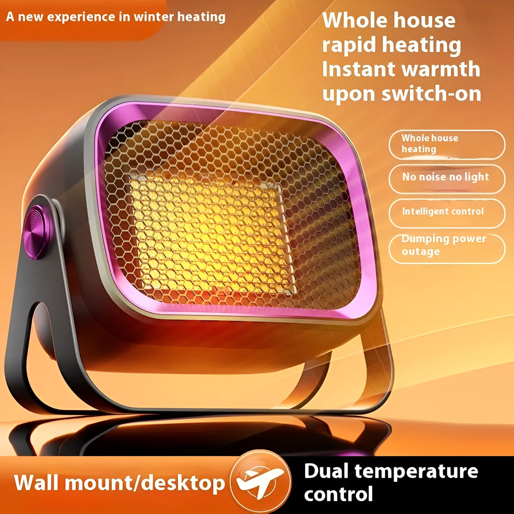 Compact white desktop ceramic heater with push buttons on a wooden desk.