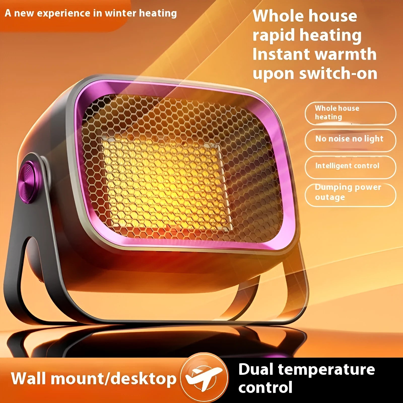 Compact white desktop ceramic heater with push buttons on a wooden desk.