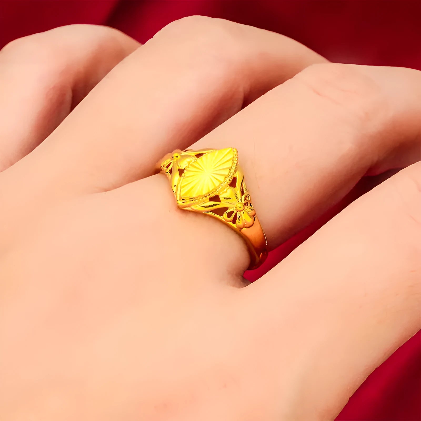 Gold geometric open flower ring with textured surfaces, brass construction with electroplating