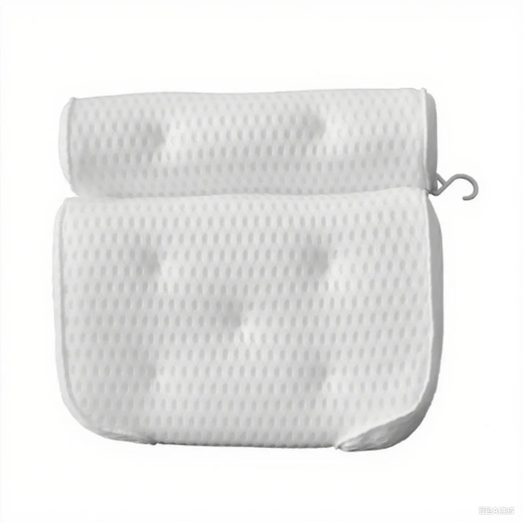 White bathtub pillow with suction cups and mesh construction measuring 37cm by 34cm
