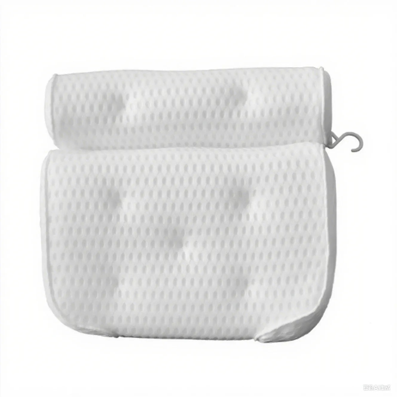White bathtub pillow with suction cups and mesh construction measuring 37cm by 34cm