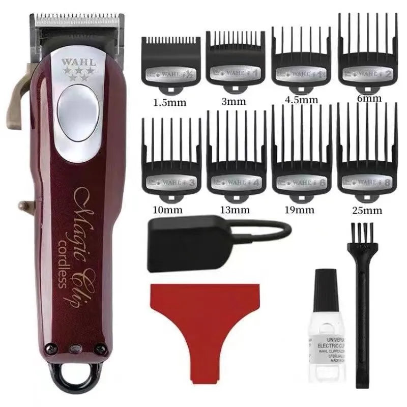 Cordless charging hair clippers set with stainless steel cutter head and EU UK US plug adapters.