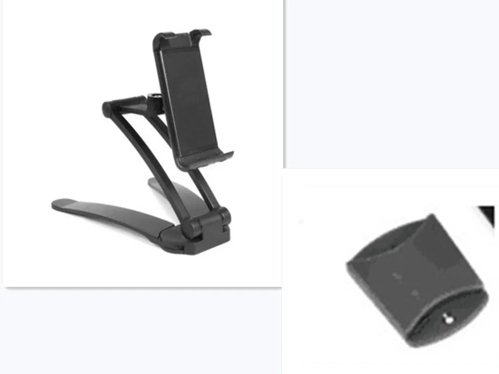 Silver aluminium alloy desktop tablet stand with adjustable white mount holding a tablet