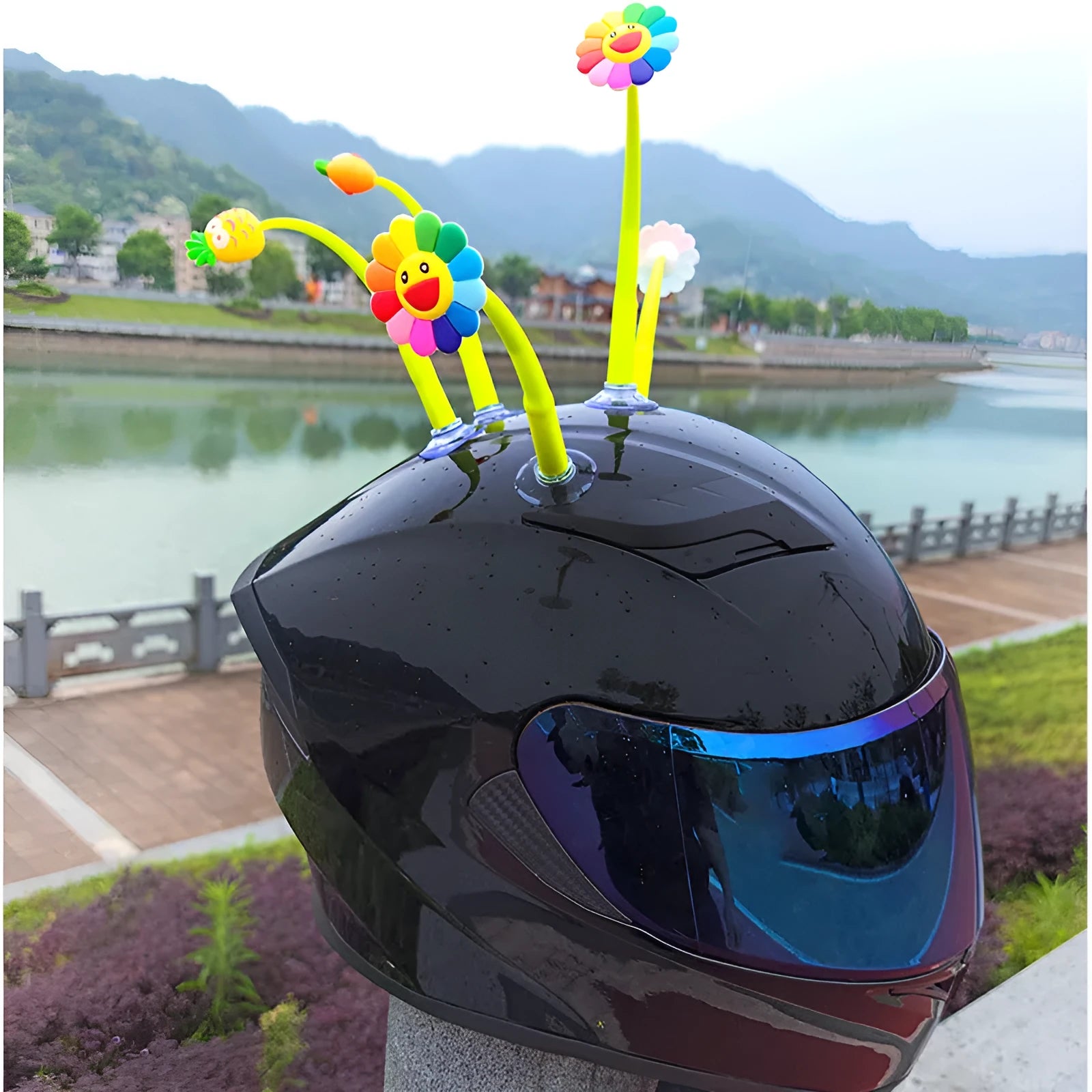 Yellow silicone sunflower helmet decoration with suction cup for motorcycle and bicycle helmets