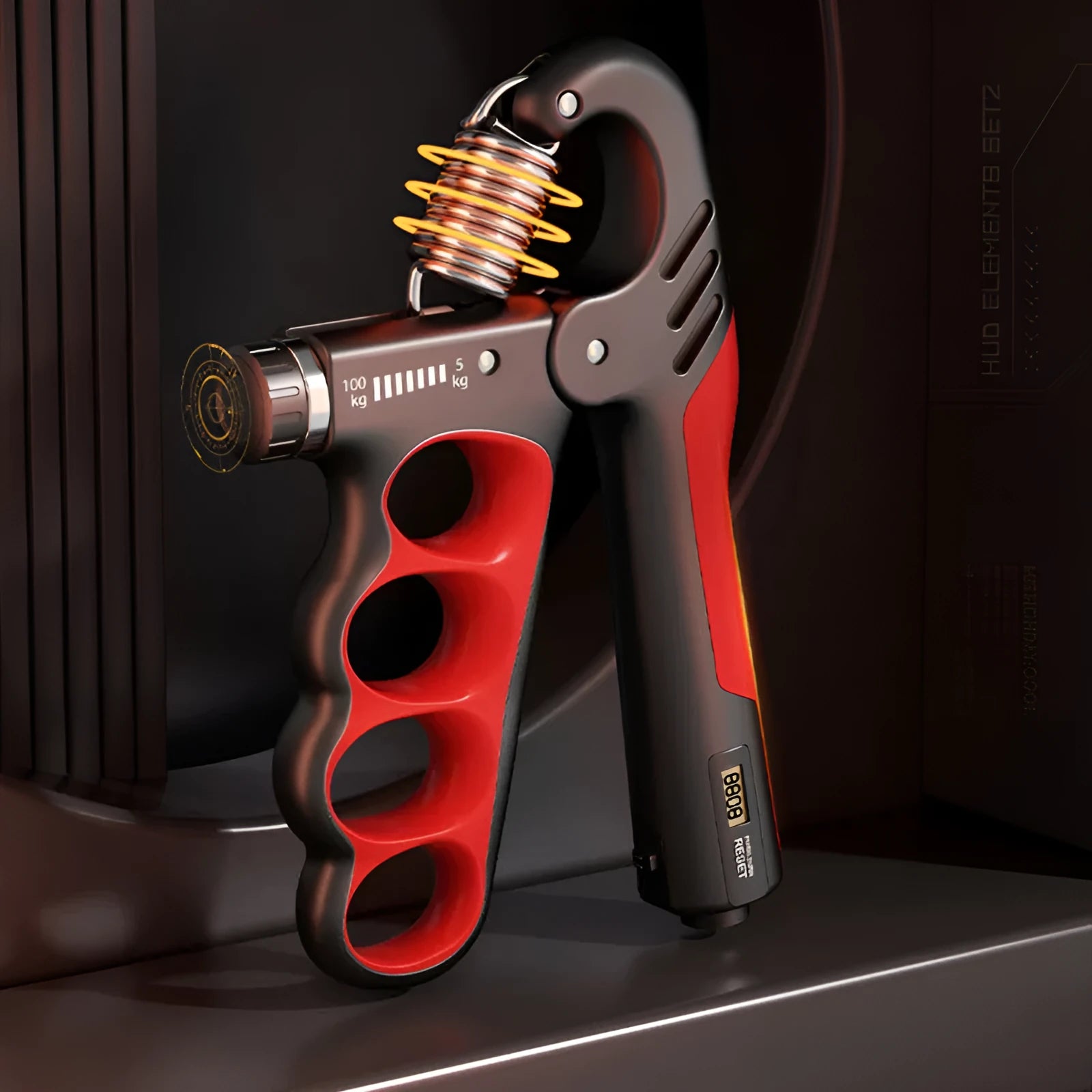 Electronic counter spring grip in orange, red, or grey colour with adjustable resistance mechanism