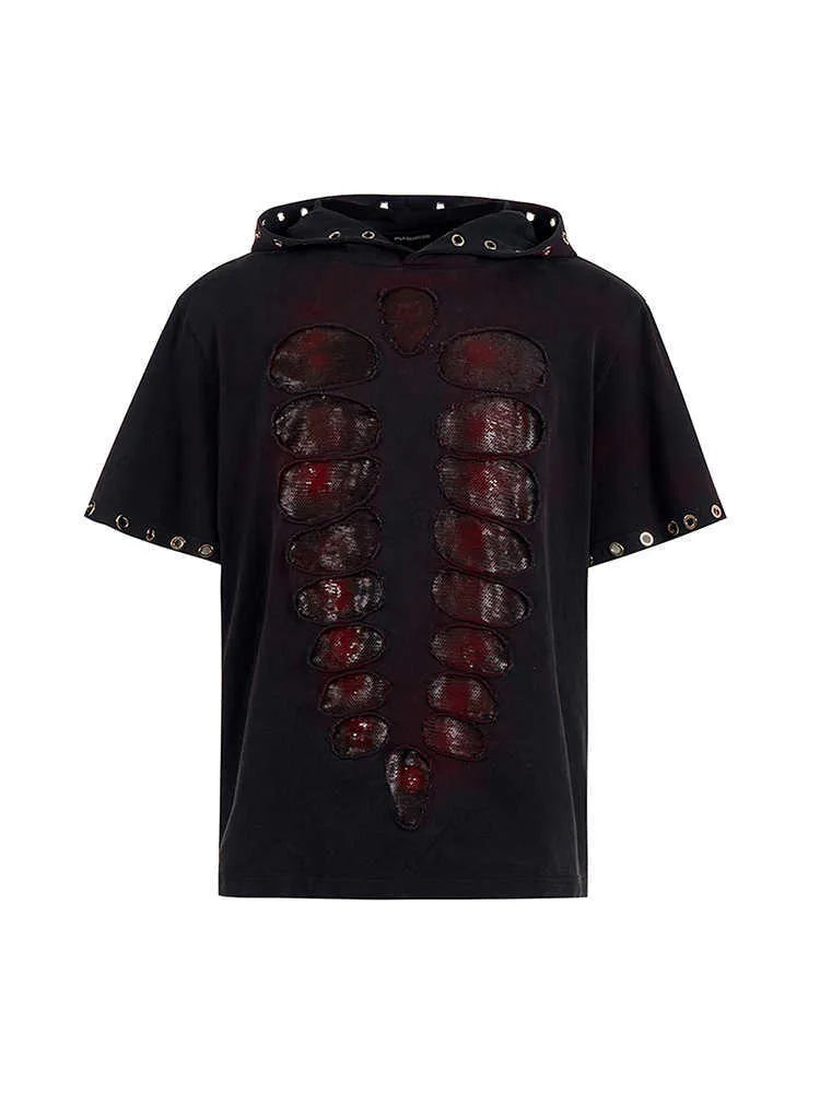 Men's black hooded short-sleeve t-shirt with sequin detailing, loose fit casual wear