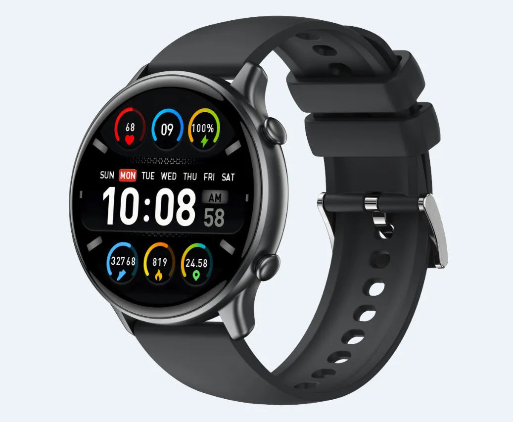 Round smart sports watch with black silicone strap showing heart rate data on touch screen.