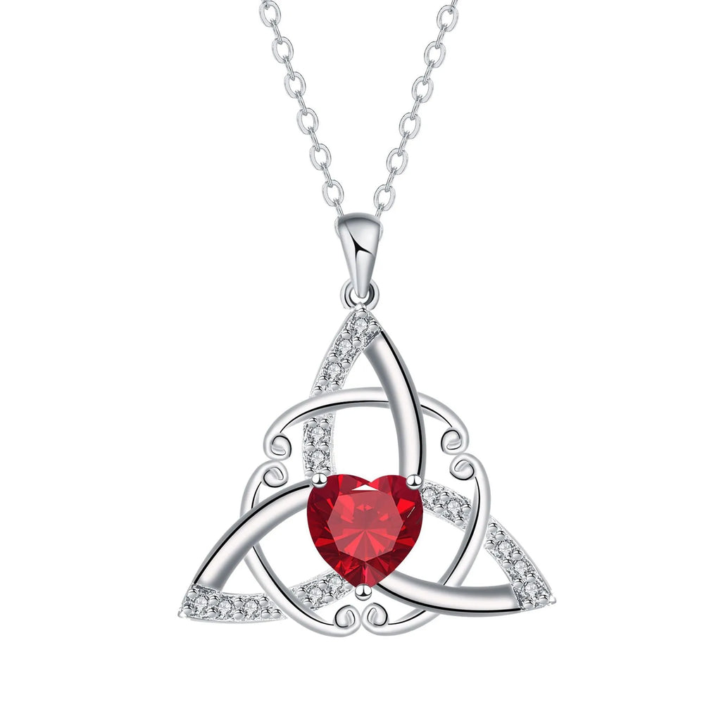 Women's copper Celtic knot necklace with geometric pendant in blue, lvzuan, red diamond, or white diamond finish.