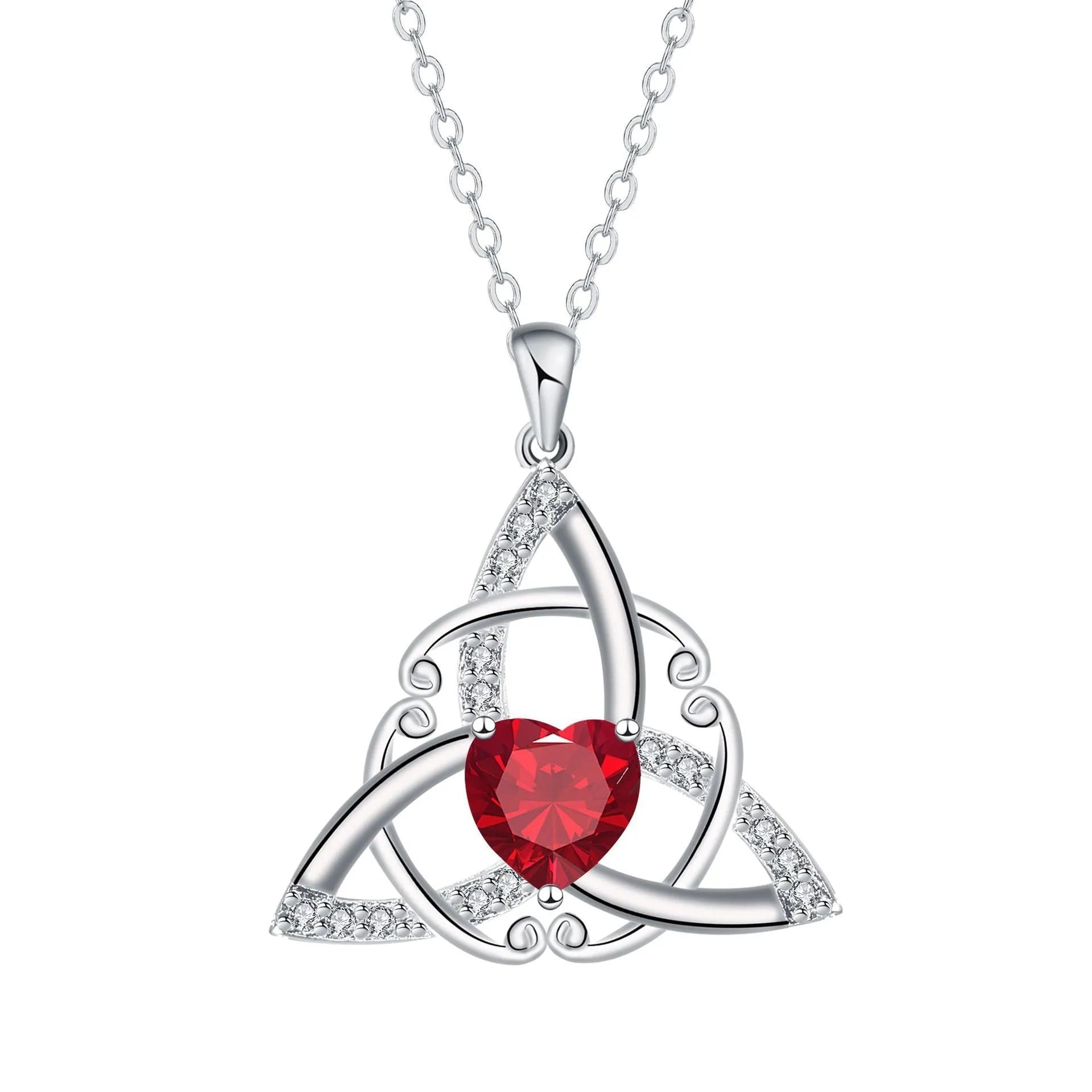 Women's copper Celtic knot necklace with geometric pendant in blue, lvzuan, red diamond, or white diamond finish.