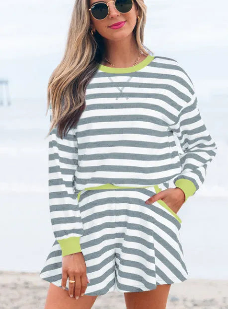 Black and grey stripe contrast cotton blend matching blouse and shorts casual set