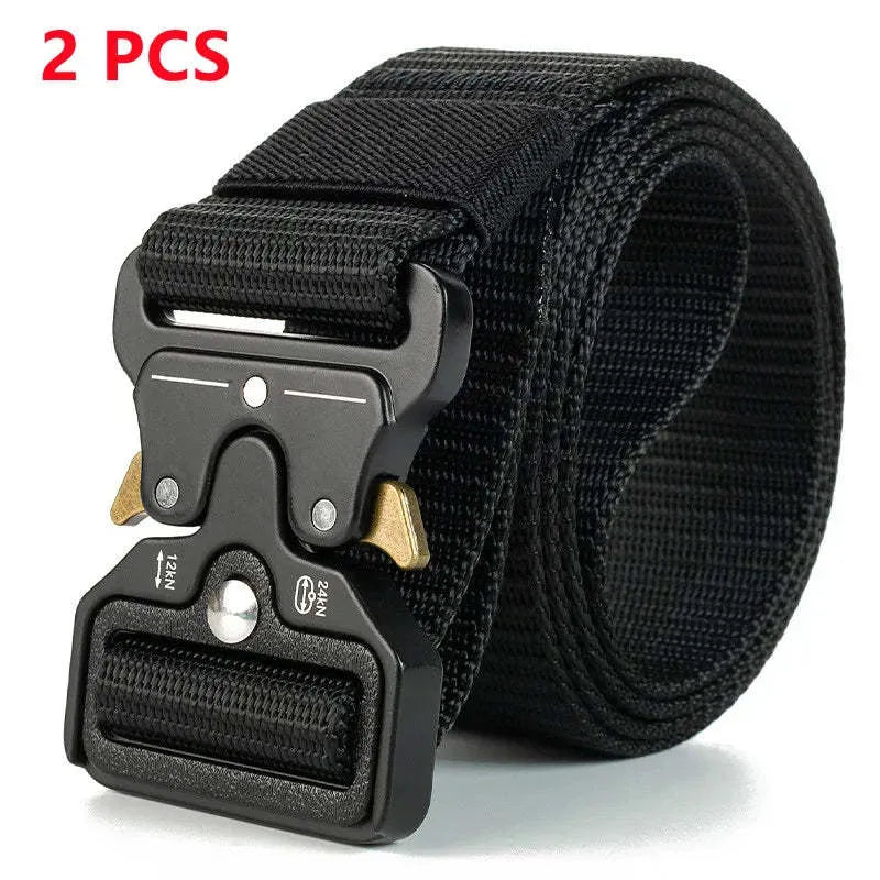 Men's canvas tactical belt with alloy buckle in Army Green colour showing length and buckle detail