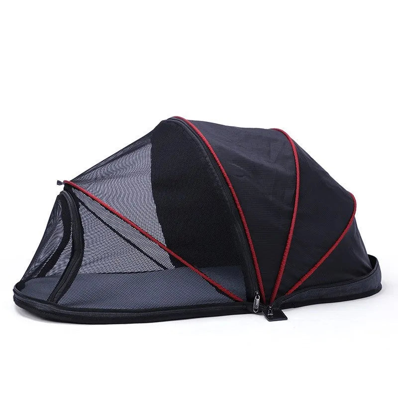 L code portable folding cloth tent for cats, shown with half-mesh panels in blue colour.