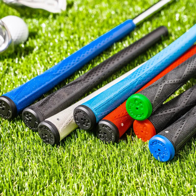 TPE material golf club grip shown in various colours including pink, red, blue, and black with coloured head designs.