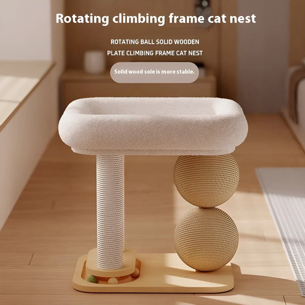 Pine wood cat scratching nest with sisal posts and raised sleeping platform in dual-column design