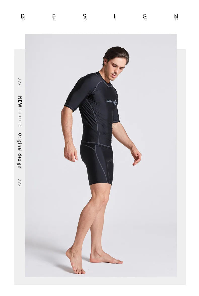 Men's blue quick-drying half sleeve nylon swimsuit set with swim top and pants for snorkelling