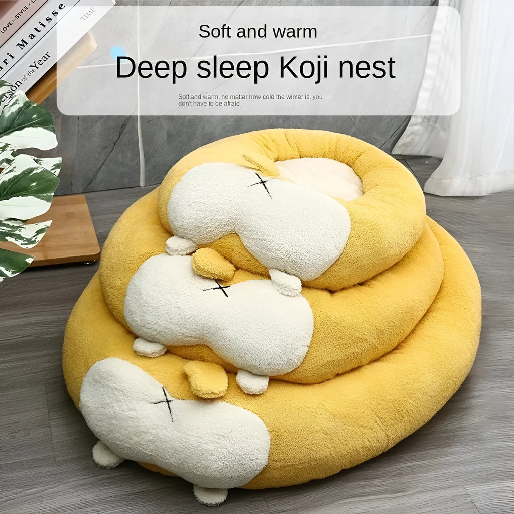 Corgi shaped plush pet bed for dogs and cats in three size options