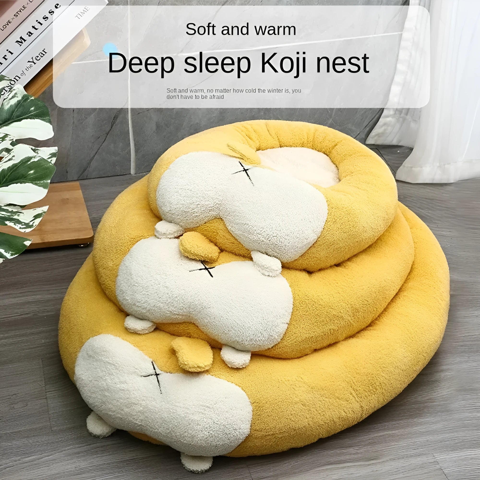 Corgi shaped plush pet bed for dogs and cats in three size options