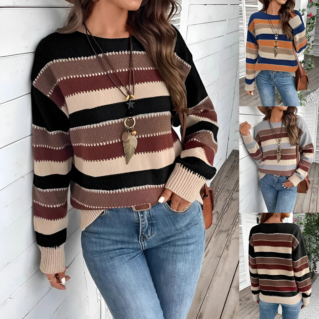 Women's black, blue, and grey colourblock striped polyester pullover sweater on a hanger.