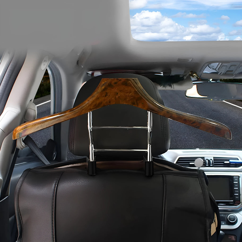 Wood yellow stainless steel car clothes hanger for suits and shirts, showing detachable design.