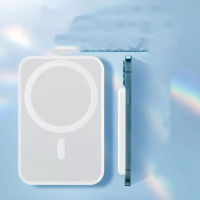 White PVC magnetic wireless charger power bank showing 5000mAh capacity and compact design