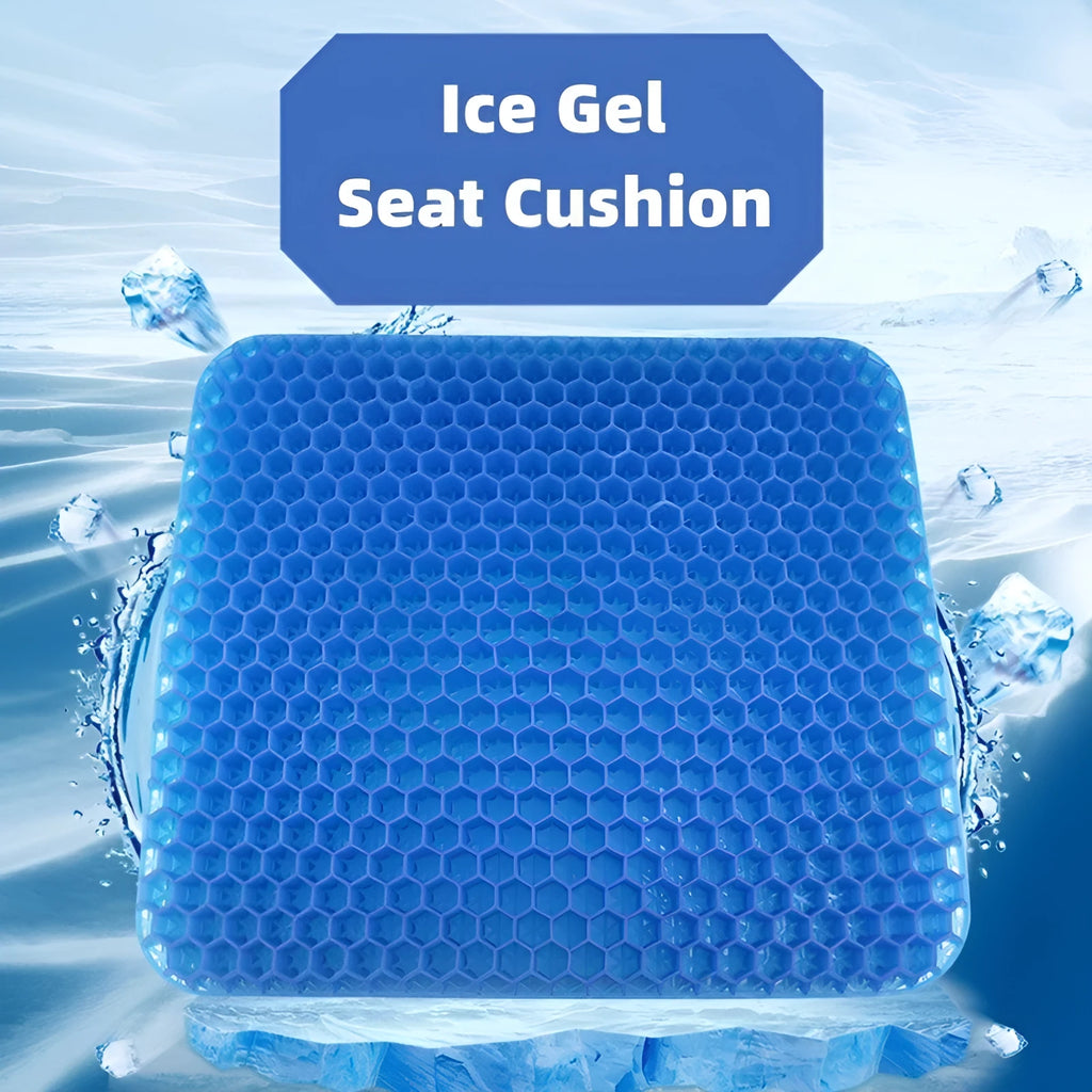Gel seat cushion with honeycomb pattern showing double thick construction and removable PVC cover