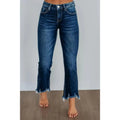 Women's solid colour denim jeans with a hand-worn finish, shown in dark blue and light blue.