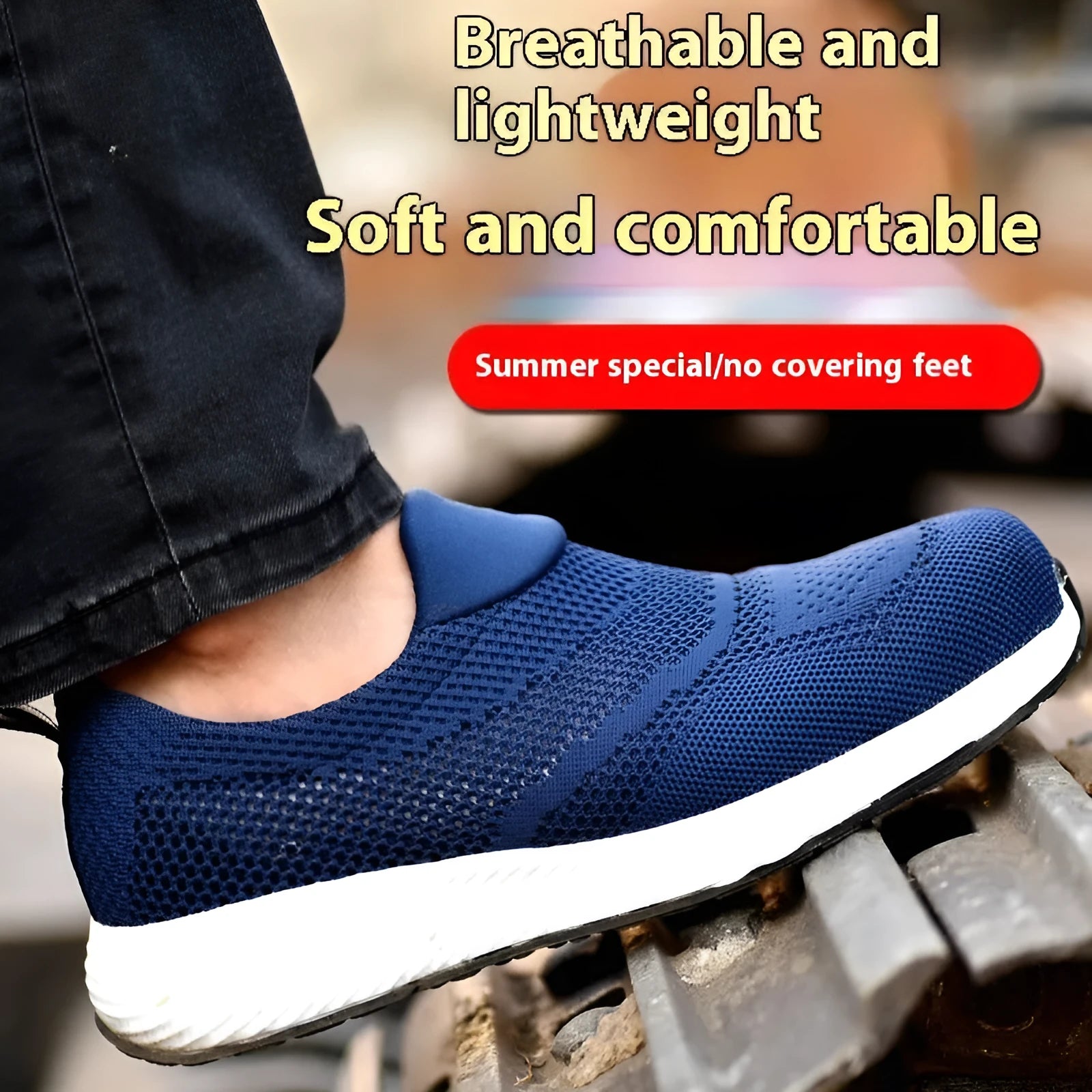 Men's lightweight black steel toe safety work shoes with mesh upper on a work floor