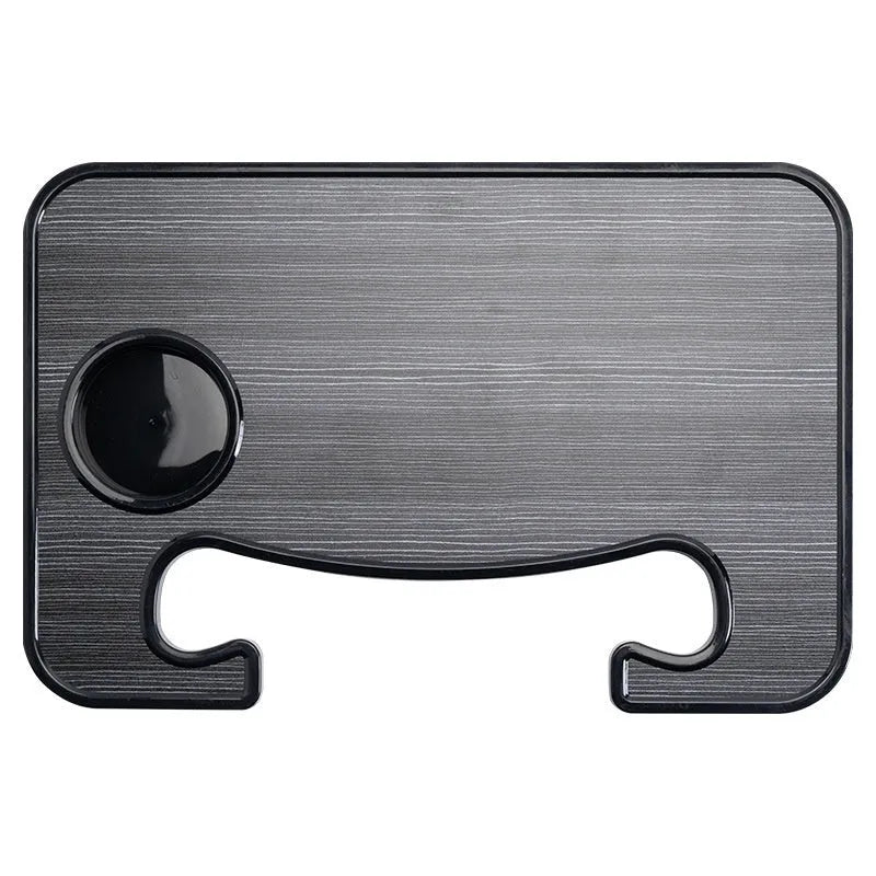 Black ABS car steering wheel tray holding a laptop, with a foldable drink cup holder attached.
